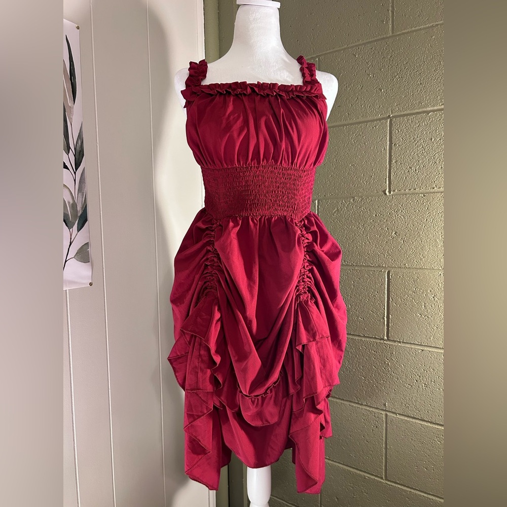 Elegant Red Ruffled Dress; Renaissance dress